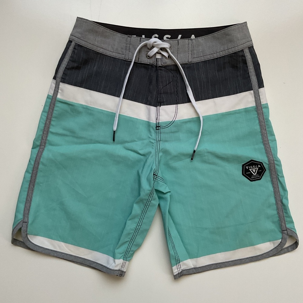 VISSLA Boys/Youth 25 (Sz 10) Board Shorts/Swim Trunks, Green-Blue, Gray